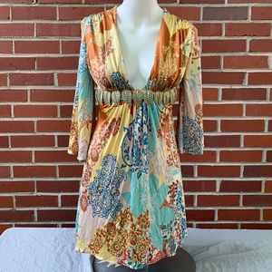 Sky long sleeve mini dress w/ gold metal leaves fall brown, teal, cream- S